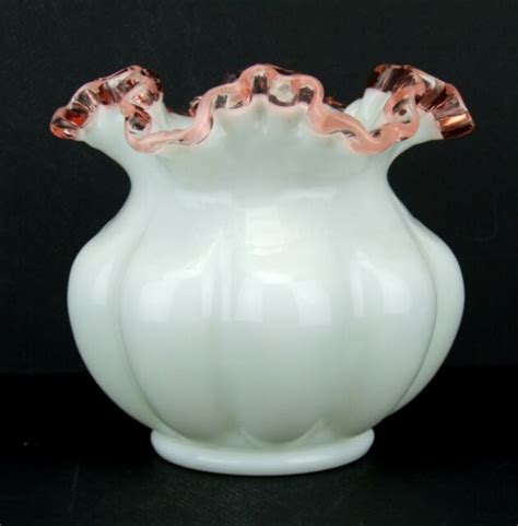 Fenton Rose Crest White Milk Glass Melon Vase Ruffled Crimped Rim Ebay