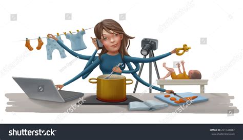 Busy Woman Doing Simultaneously Many Tasks Ilustrações Stock 221744047