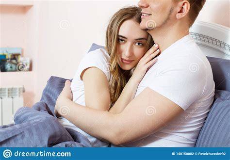 Large Portrait : Young Lovely Couple On Bed, Morning Bedroom. Happy Loving Couple In The Bedroom ...