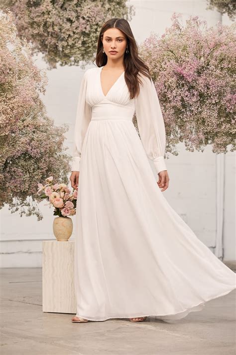 Chiffon Maxi White Long Sleeve Maxi Chiffon Bridal Dress Lulus