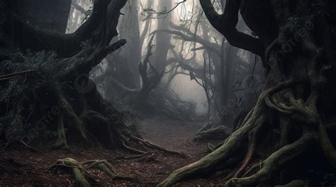 The Path Through A Dark Forest With Deep Roots Background Creepy