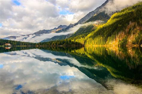 Mountains Forest Lake Clouds Italy Reflection Water Alps Nature