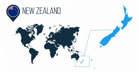 New Zealand Map Located On A World Map With Flag And Map Pointer Or Pin