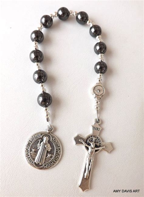 Pocket Rosary St Benedict Hematite Beads Black Catholic Men Or