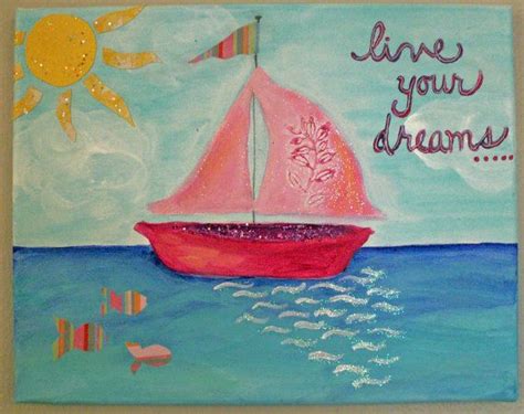 Girl Whimsical Sailboat Painting Mixed Media Pink Glitter Dreams