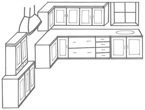 A Line Drawing Of A Kitchen With Cabinets And Cupboards In The Center