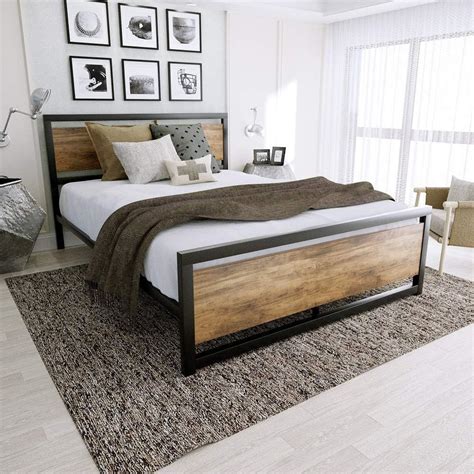 Amooly Metal Wood Bed Headboard Platform Bed Frame Easy Assembly No Box Spring Required Queen