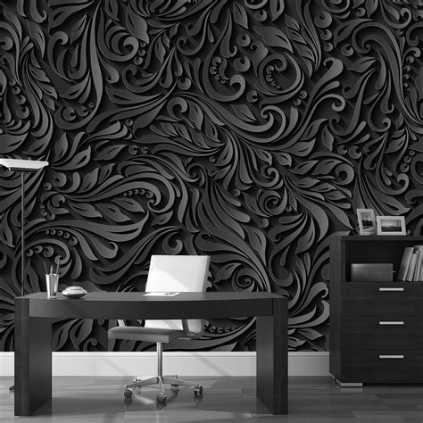 Dark Floral Wallpaper 3d Black And White Wallpaper Luxury Wall Etsy