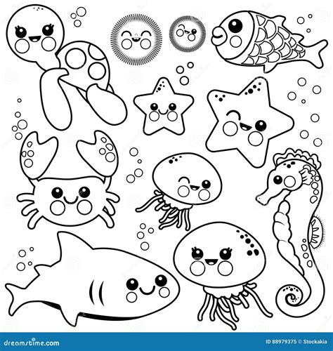 Sea Animals Swimming In The Sea Vector Black And White Coloring Page