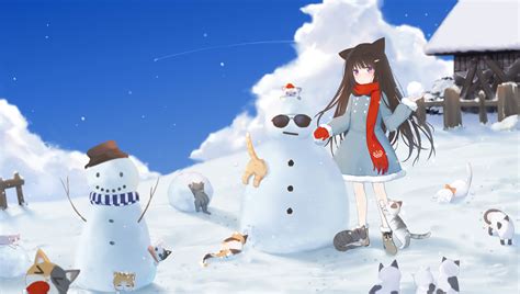 Download Wallpaper 6000x3400 Girl Snowman Cats Snow Winter Anime