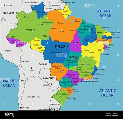 Colorful Brazil Political Map With Clearly Labeled Separated Layers