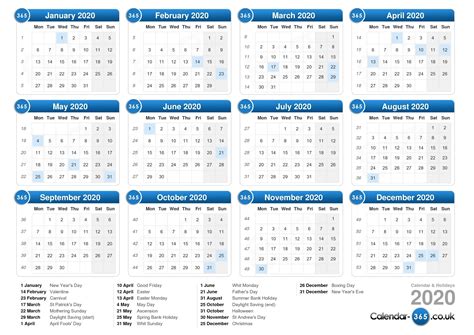 2020 Calendar With Bank Holidays Printable Qualads