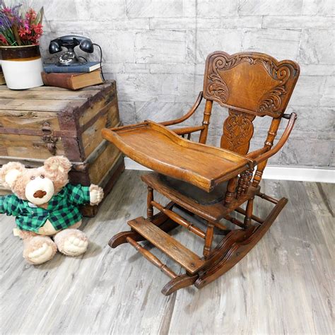 Childs Antique Rocking Chairhigh Chair Carved Oak Rocker Etsy