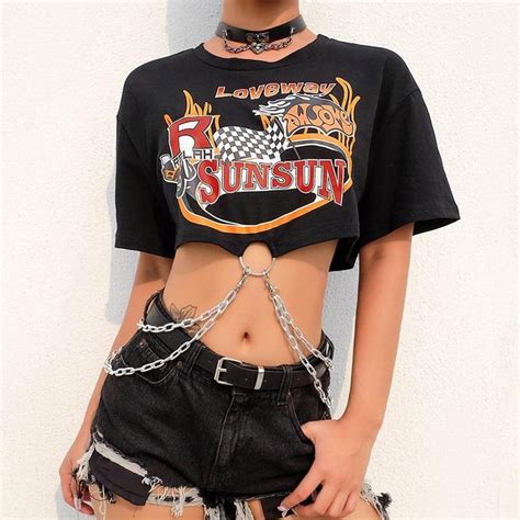 streetwear punk black tshirt loose print chains crop top tee black l crop top outfits top