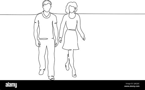 Continuous One Line Drawing Walking Couple Man And Woman Vector