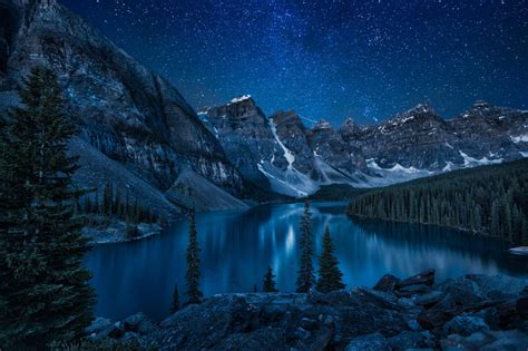 Mountain Forest River Lake Night Nature Hd Wallpaper