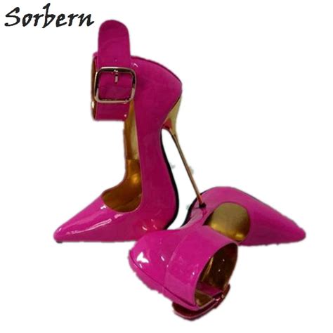 Sorbern Peach Shiny Women Pumps Wide Ankle Straps Pointed Toe 12cm 14cm