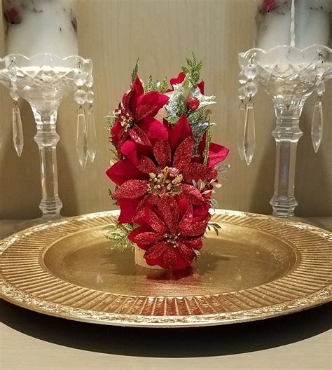 Led Pillar Candles With Red Poinsettias Ferns Berries And Etsy Led