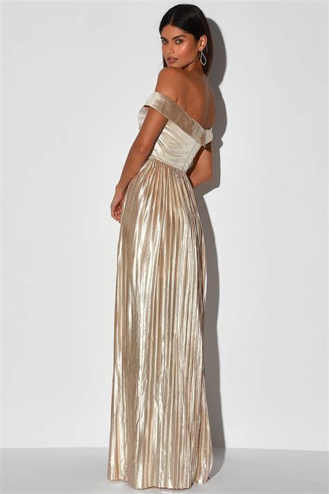 Elegant Glow Champagne Off The Shoulder Pleated Maxi Dress Maxi Dress Gold Maxi Dress