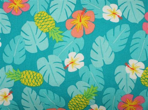 Hibiscus Pineapple And Monstera Leaves Design Hawaiian Fabric Etsy