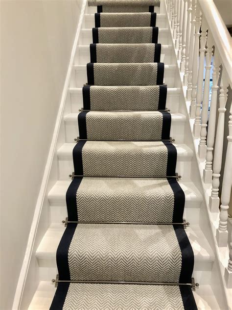 Grey Herringbone Stair Runner With Navy Trim Victoriawoodley Carpet