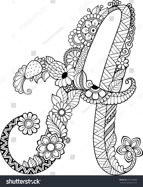 Coloring Book For Adults Floral Doodle Letter Hand Drawn Flowers