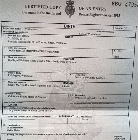 Archie S Birth Certificate Released Meg S A Princess Of The United Kingdom