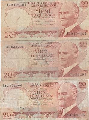 Kağıt Para Banknot Yirmi 20 Türk Lirası 3 Adet Bit Mezat
