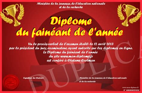 Diplome Du Faineant De L Annee