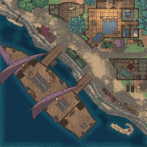 Sandy Port With Docked Ship 35x35 Battlemaps In 2021 Rocky Shore