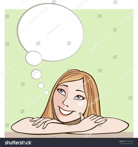 Vector Dreaming Smiling Young Woman With Thought Bubble Color Abstract