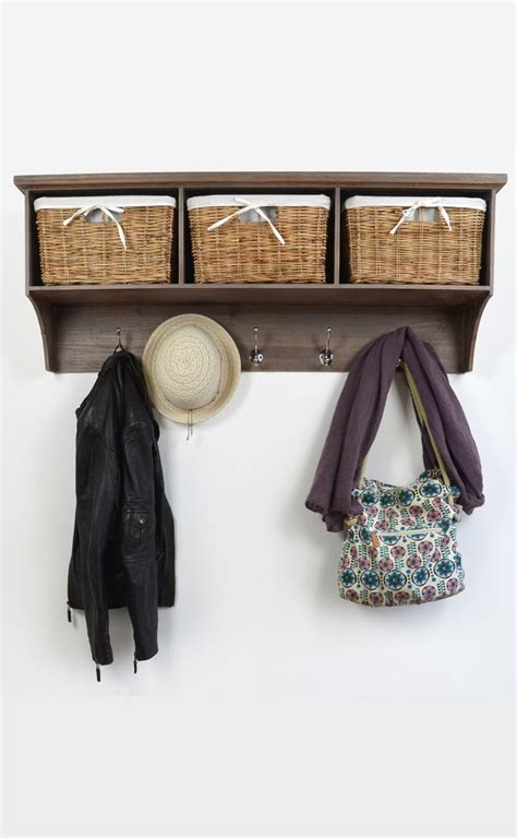 Wood Coat Rack With Three Wicker Baskets Coat Rack With Storage Wall