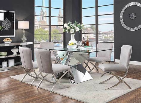 Contemporary Dining Room 7 piece Rectangular Glass Top Table & Gray