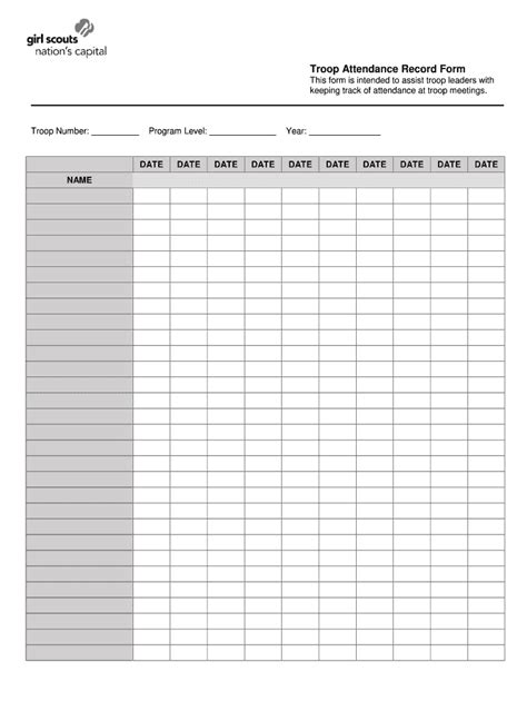 girl scouts troop attendance record form 2014 fill and sign printable template online us