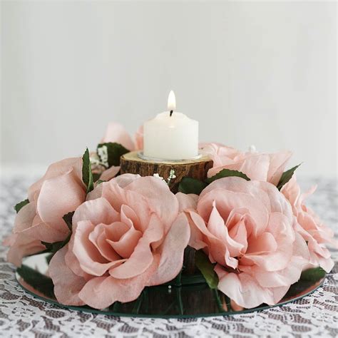 4 Pack Blush Rose Gold Artificial Silk Rose Floral Candle Rings