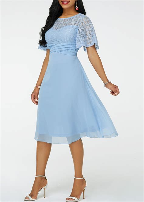 Ruched Lace Panel Round Neck High Waist Dress Usd 3476