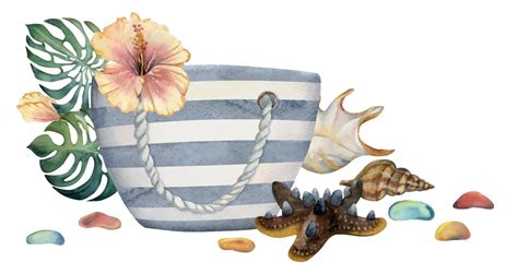 Hand Drawn Watercolor Composition Striped Beach Bag Sea Shells And