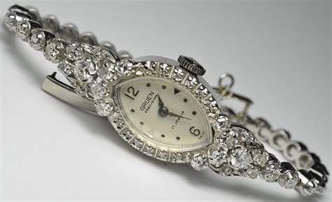 14k White Gold Ladies Vintage Gruen Diamond Wrist Watch 1.50cts G, VS ...