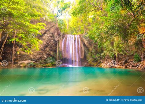 Tropical Waterfall With Emerald Lake In Jungle Forest Stock Image