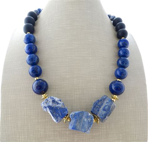 Blue Lapis Lazuli Necklace With Black Onyx Chunky Stone Etsy Uk