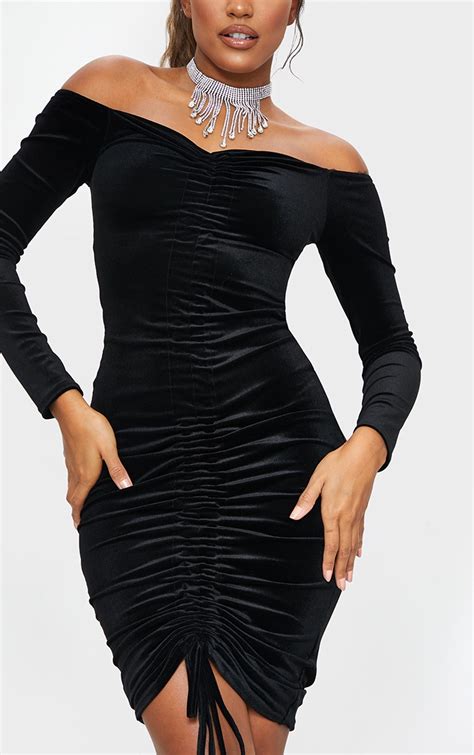 Black Velvet Bardot Ruched Midi Dress Prettylittlething