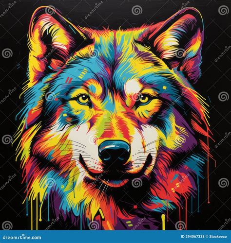 Colorful Pop Art Wolf Painting On Black Background Stock Illustration