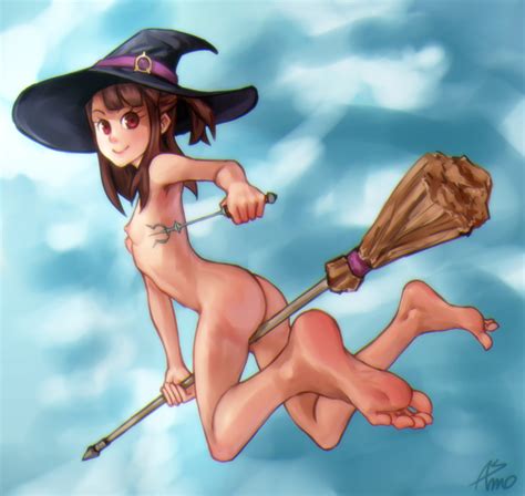 Asmo Deus Kagari Atsuko Little Witch Academia 10s 1girl Ass Barefoot Blue Background