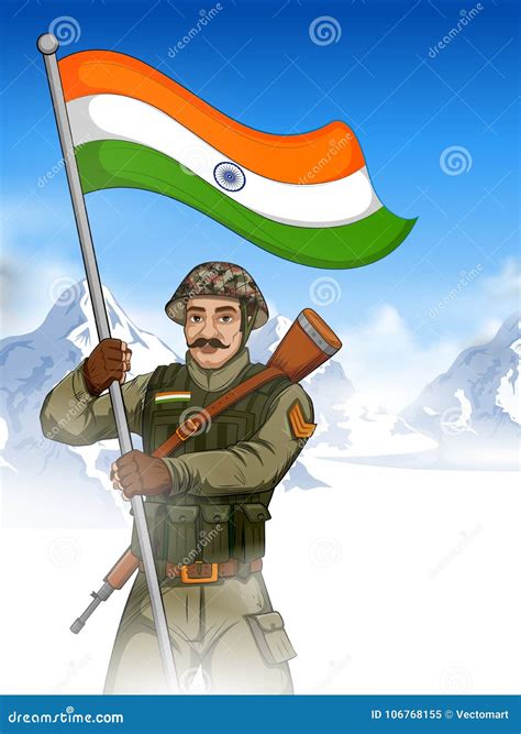 Indian Army Soilder Holding Falg Of India With Pride Stock Vector
