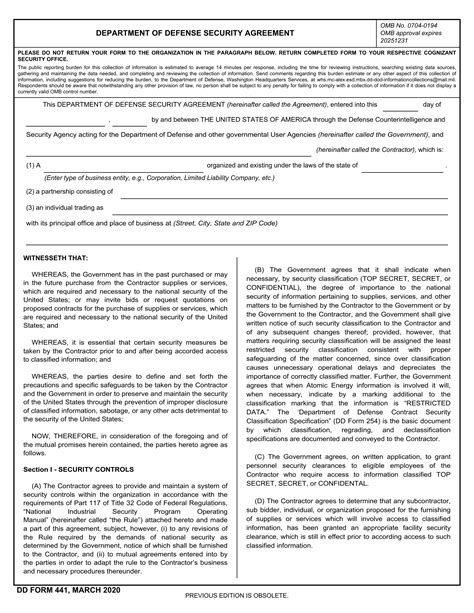 Dd Form 441 Department Of Defense Security Agreement Forms Docs 2023