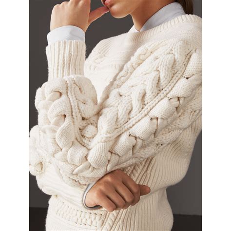 Cable Knit Wool Cashmere Sweater In Natural White Women Burberry