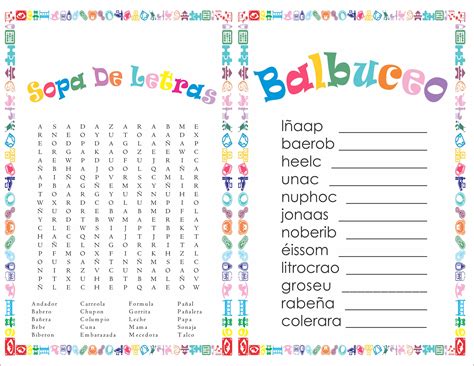 2 In 1 Games Sopa De Letras And Balbuceo Baby Shower Colors