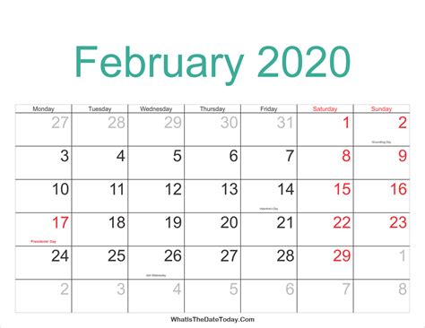 February 2020 Calendar Printable With Holidays Whatisthedatetodaycom