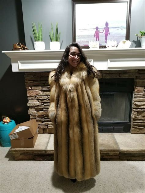 Stunning Golden Island Fox Fur Coat Full Length Authentic Fox