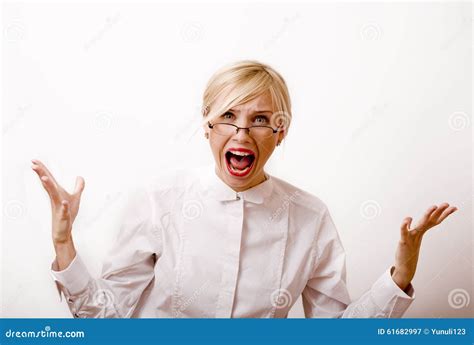 Very Emotional Businesswoman In Glasses Blond Stock Image Image Of Manager Looking 61682997